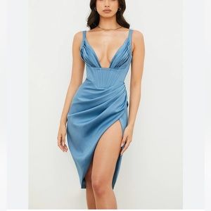 House of CB Blue Satin Corset Midi Dress Medium